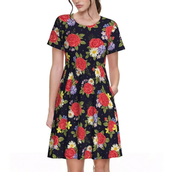 Naloa Red Rose Flower Print Womens Summer A-Line Dress with Pockets,Short Sleeve Dresses,Flowy Beach Swing Dress for Vacation Travel