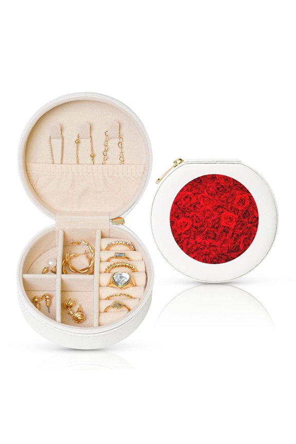 Red Rose Round Jewelry Box, Travel Jewelry Organizer, 3.9 x 3.9 x 2in Jewelry Storage Box for Women-White