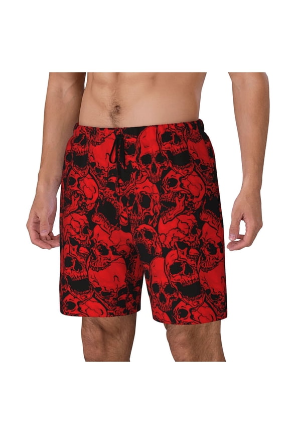 Red Skulls 3 Print Men Swim Trunks with Compression Liner ,Board Shorts,Men's Swim Shorts with Drawstring and Elastic Waistband-Medium