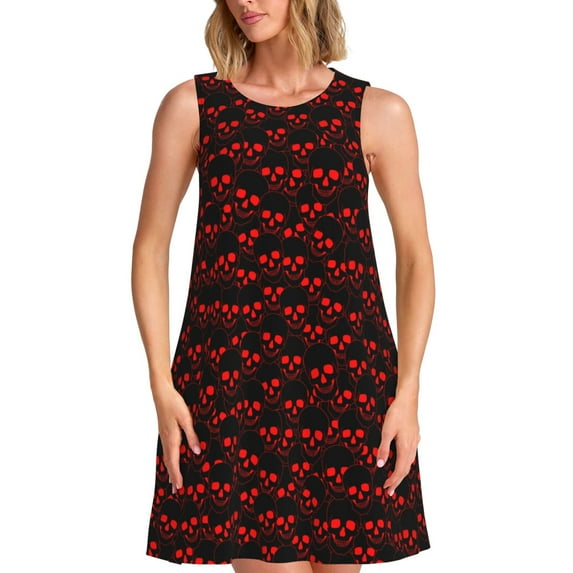 Naloa Red Skulls 4 Print Women's Summer Spring Casual Beach Sundress,Vacation Sleeveless Tank Crewneck Loose Dresses