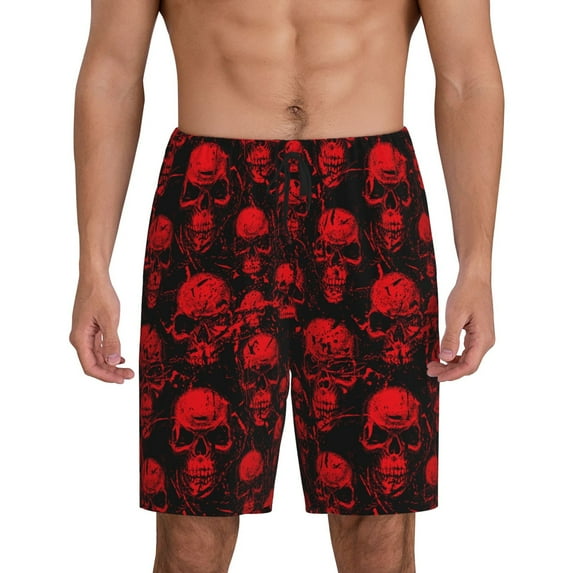 Naloa Red Skulls Men's Short Pajama Pants, Lounge Comfort Shorts with Elasticized Waistband and Side Pockets - Medium