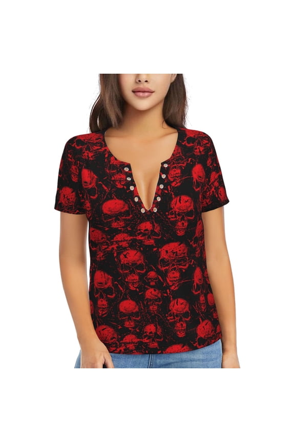 Red Skulls Print T-Shirts Short Sleeve V Neck Tees for Women Fashion Tops Trendy Lightweight Soft Casual Summer Outfits Clothes