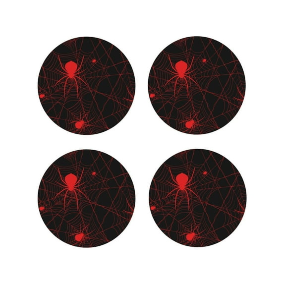 Naloa Red Spider On The Web Leather Coasters for Drinks, Durable Drink Coasters 4 Set for Tabletop Protection, Luxurious Home Décor and Housewarming Gift ( {designName})Round Shape
