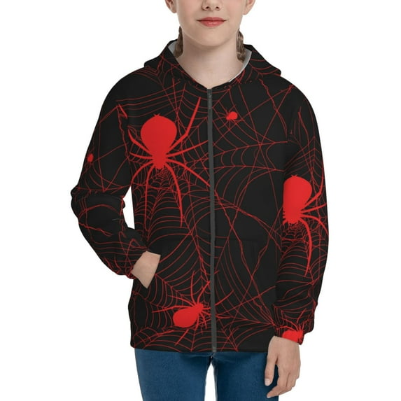 Naloa Red Spider On The Web Teenage Zipper Hoodie, Long Sleeve Zip Up Hoodies Casual Jackets Tops for 7-12 Years-Small