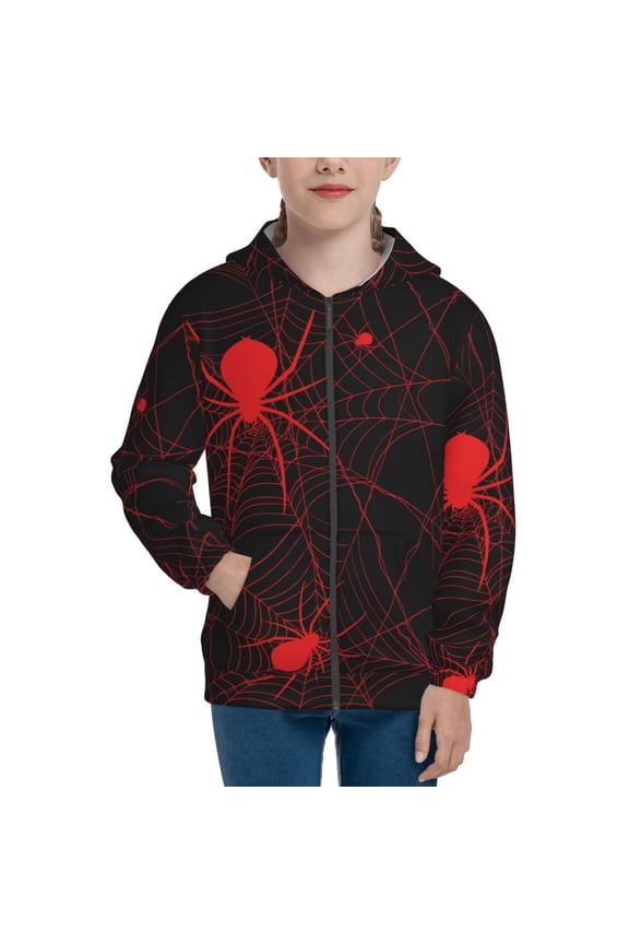 Red Spider On The Web Teenage Zipper Hoodie, Long Sleeve Zip Up Hoodies Casual Jackets Tops for 7-12 Years-Small