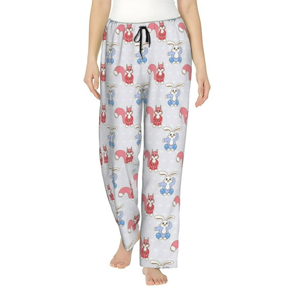 Naloa Red Squirrel And Blue Rabbit Print Women’s Ultra-Soft Comfy Pajama Lounge Pants with Pockets & Drawstring