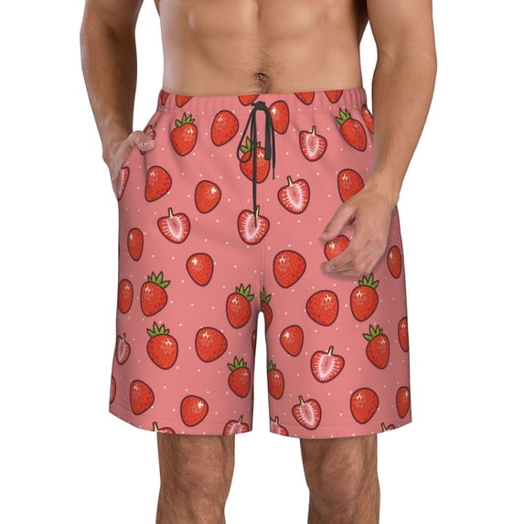 Naloa Red Strawberry Men's Beach Shorts, Surfing shorts, Swim trunks, Quick Dry Swim Trunks for Surfing Beach Fun - Medium