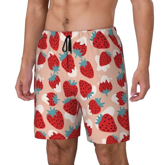 Naloa Red Strawberry Print Men Swim Trunks with Compression Liner ,Board Shorts,Men's Swim Shorts with Drawstring and Elastic Waistband-Medium