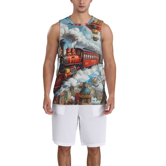 Naloa Red Train Hot Air Balloon Basketball Jersey Reversible Men's Mesh Athletic Sports Shirts Training Practice S-4XLSmall