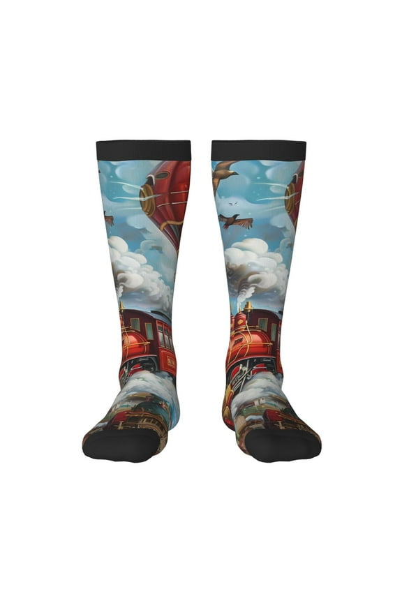 Red Train Hot Air Balloon Thigh High Socks Extra Long Stretchy Sock Women Over Knee High Opaque Stocking Daily Wear