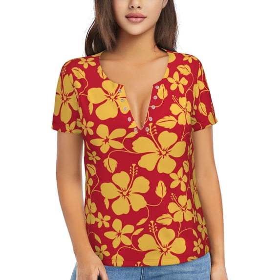 Naloa Red Vintage Flowers Print T-Shirts Short Sleeve V Neck Tees for Women Fashion Tops Trendy Lightweight Soft Casual Summer Outfits Clothes