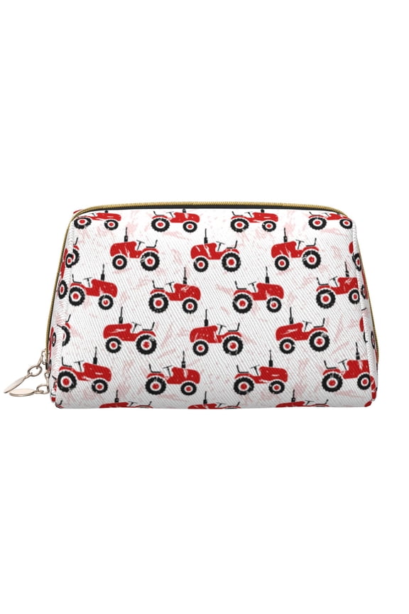 Red Wheeled Tractors Leather Makeup Bag for Purse Travel, Portable Small Cosmetic Organizer for Women and Girls, Make up Bag with Zipper