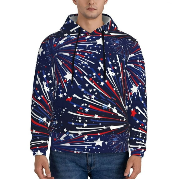 Naloa Red White Blue Fireworks 1 Men's Casual Hooded Collar Drawstring Hoodies Pullover Sweatshirts Casual Long Sleeve Shirts-4X-Large