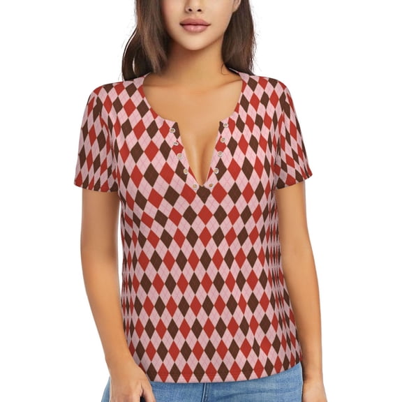 Naloa Red and Brown Squares Print T-Shirts Short Sleeve V Neck Tees for Women Fashion Tops Trendy Lightweight Soft Casual Summer Outfits Clothes
