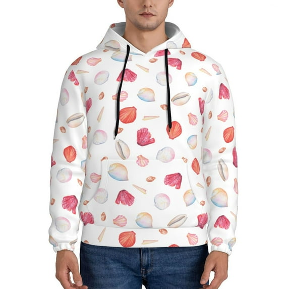 Naloa Red coral and scallop seashell Men's Casual Hooded Collar Drawstring Hoodies Pullover Sweatshirts Casual Long Sleeve Shirts-Small