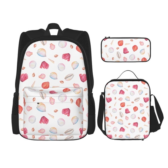 Naloa Red coral and scallop seashell Print Large Capacity Backpack Lunch Bag Pencil Case Combination 3 Piece Set for Student