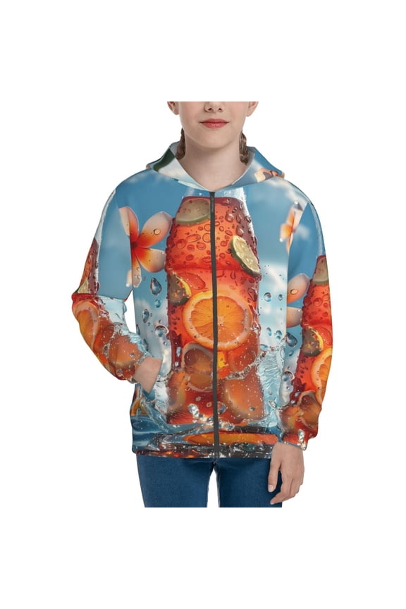 Refreshing Citrus Splash Teenage Zipper Hoodie, Long Sleeve Zip Up Hoodies Casual Jackets Tops for 7-12 Years-Medium