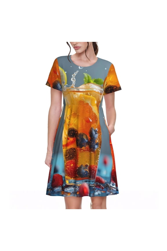 Refreshing Fruit Infused Drinks Print Womens Summer A-Line Dress with Pockets,Short Sleeve Dresses,Flowy Beach Swing Dress for Vacation Travel