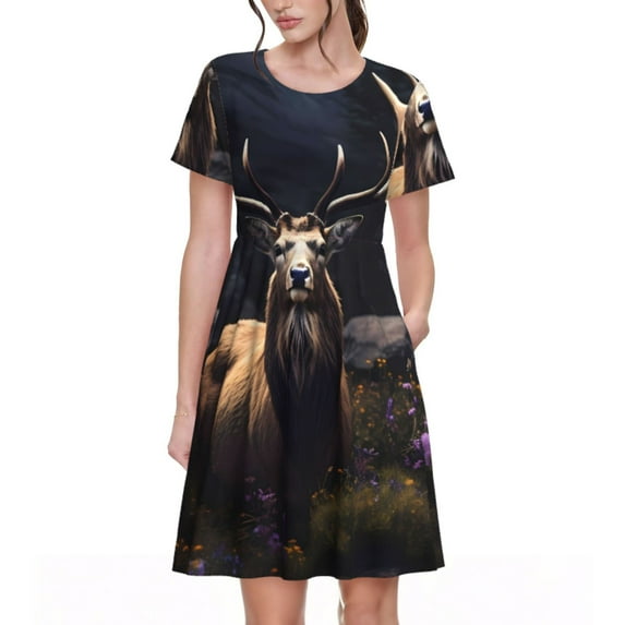 Naloa Regal Stag In Forest Print Womens Summer A-Line Dress with Pockets,Short Sleeve Dresses,Flowy Beach Swing Dress for Vacation Travel