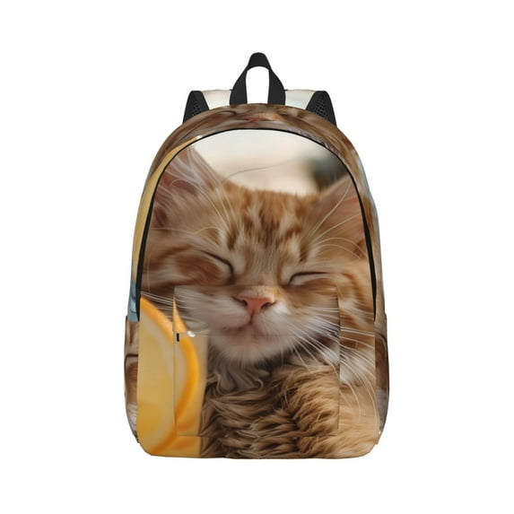 Naloa Relaxing Cat With Orange Juice Canvas Backpack for Men Women Rucksack Casual Travel Daypack College Tote Satchel Bookbag for Teens-Small