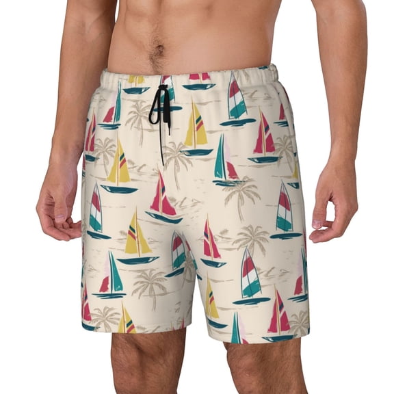 Naloa Reto Marine Nautical Print Men Swim Trunks with Compression Liner ,Board Shorts,Men's Swim Shorts with Drawstring and Elastic Waistband-Small