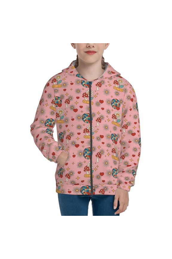 Retro 70s 60s Hippie Flower Teenage Zipper Hoodie, Long Sleeve Zip Up Hoodies Casual Jackets Tops for 7-12 Years-