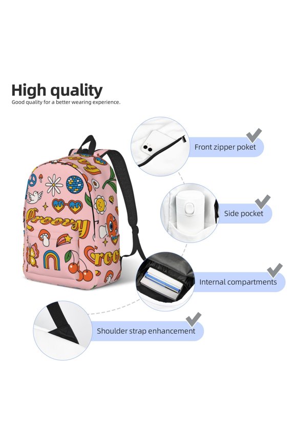 Retro 70s Hippie Print Durable Canvas College Rucksack,Laptop Excursion Backpack,Travel Notebook School Backpack,Bookbag For Men Women