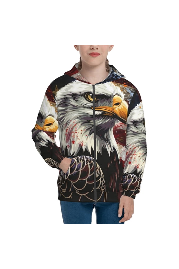 Retro American Eagle A Teenage Zipper Hoodie, Long Sleeve Zip Up Hoodies Casual Jackets Tops for 7-12 Years-Medium