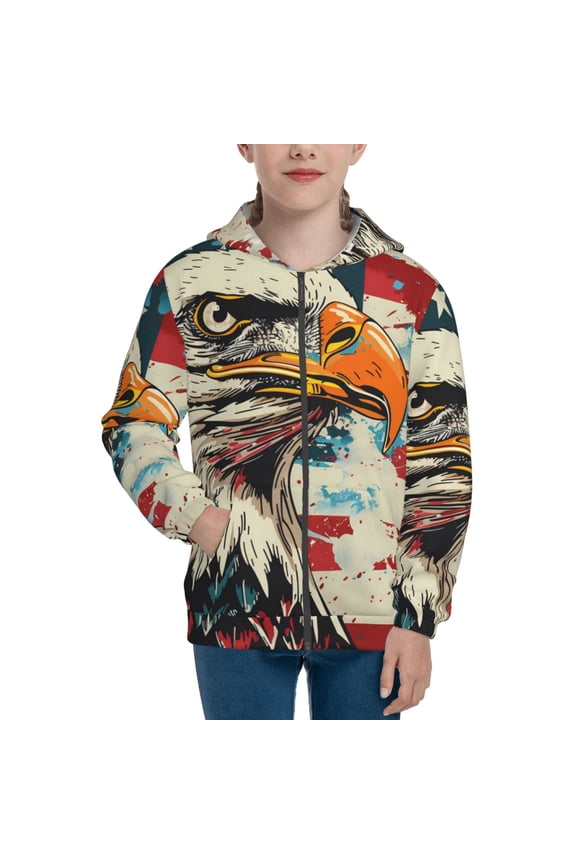 Retro American Eagle Teenage Zipper Hoodie, Long Sleeve Zip Up Hoodies Casual Jackets Tops for 7-12 Years-Small