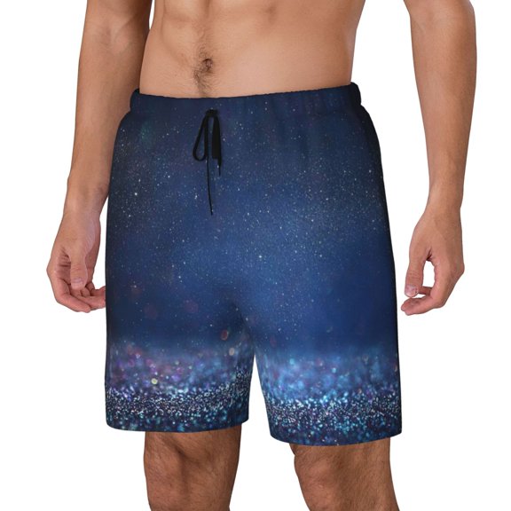 Naloa Retro Blue Glitter Print Men Swim Trunks with Compression Liner ,Board Shorts,Men's Swim Shorts with Drawstring and Elastic Waistband-Large