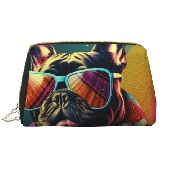 Naloa Retro Bulldog Sunglasses Leather Makeup Bag for Purse Travel, Portable Small Cosmetic Organizer for Women and Girls, Make up Bag with Zipper
