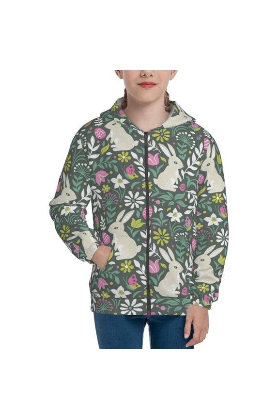 Retro Bunny Floral Teenage Zipper Hoodie, Long Sleeve Zip Up Hoodies Casual Jackets Tops for 7-12 Years-Medium