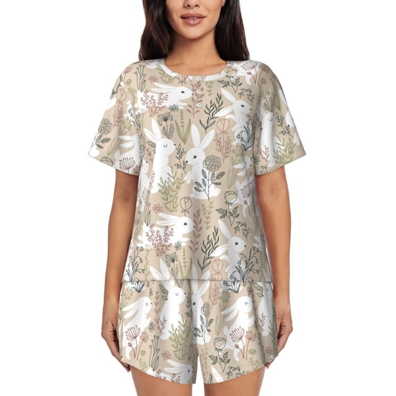 Naloa Retro Bunny Flower Women's Short-Sleeved Pajama Set, Loungewear, Summer pajamas, Breathable Cozy - 3X-Large