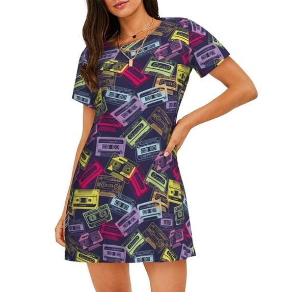 Naloa Retro Cassette Music Print Women Nightgowns,Womens Loungewear,Short Sleeve Sleepwear,Comfy Ladies Nightdress