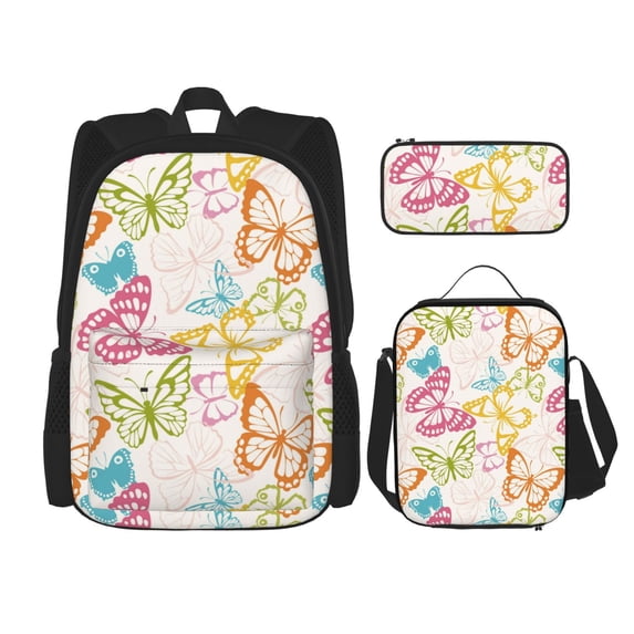 Naloa Retro Colorful Butterfly Print Large Capacity Backpack Lunch Bag Pencil Case Combination 3 Piece Set for Student