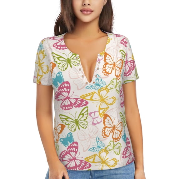 Naloa Retro Colorful Butterfly Print T-Shirts Short Sleeve V Neck Tees for Women Fashion Tops Trendy Lightweight Soft Casual Summer Outfits Clothes