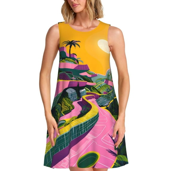 Naloa Retro Futuristic Landscape Print Women's Summer Spring Casual Beach Sundress,Vacation Sleeveless Tank Crewneck Loose Dresses