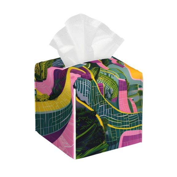 Naloa Retro Futuristic Landscape Tissue Box Cover Leather Tissue Holder Square Facial Tissue Case for Bathroom, Vanity Countertop, Tabletop, Car