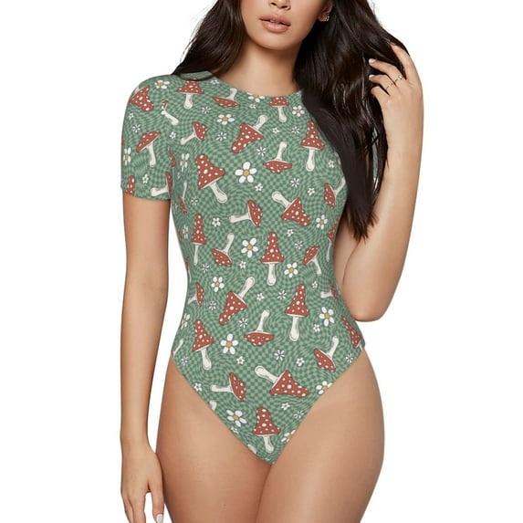 Naloa Retro Hippie Groovy Mushroom Women's Short-Sleeved Onesie, One-Piece Swimsuit for Parties, dates, clubs - XX-Large