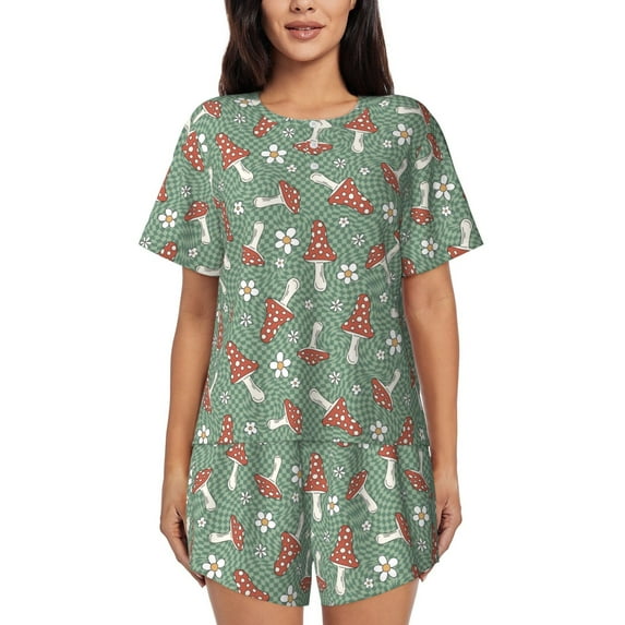 Naloa Retro Hippie Groovy Mushroom Women's Short-Sleeved Pajama Set, Loungewear, Summer pajamas, Breathable Cozy - Small