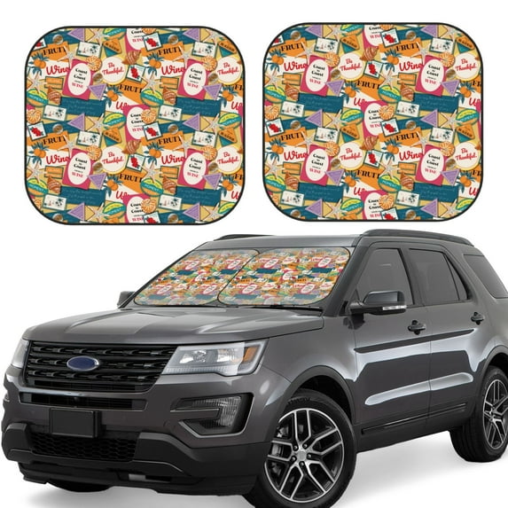 Naloa Retro Summer Stamp 2 Piece Foldable Car Sun Shades, Car Windshield Sunshade, Front Window Sunshade for Car, Truck, SUV - Small