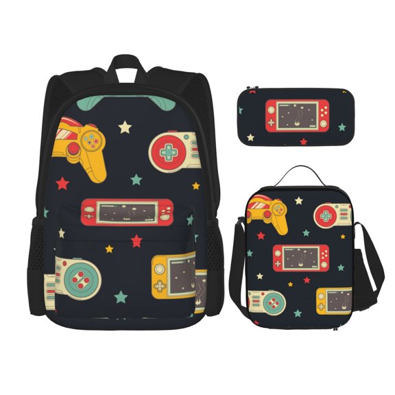 Naloa Retro Video Game Print Large Capacity Backpack Lunch Bag Pencil Case Combination 3 Piece Set for Student
