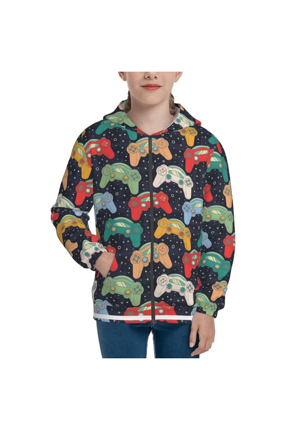 Retro Video Game Teenage Zipper Hoodie, Long Sleeve Zip Up Hoodies Casual Jackets Tops for 7-12 Years-Medium
