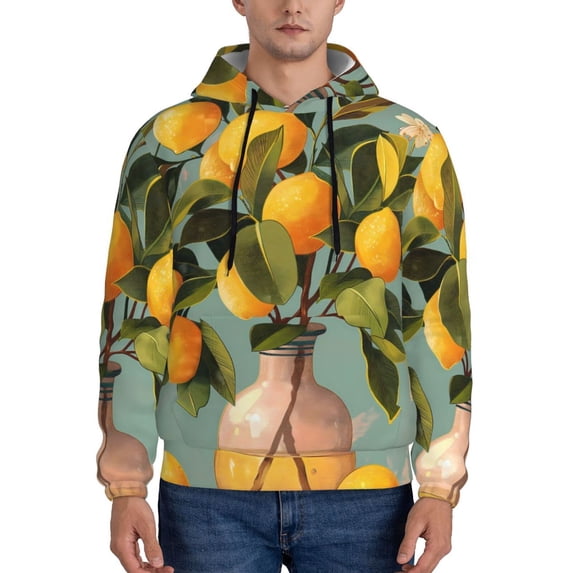 Naloa Retro Warm Lemon Flower Men's Casual Hooded Collar Drawstring Hoodies Pullover Sweatshirts Casual Long Sleeve Shirts-Large