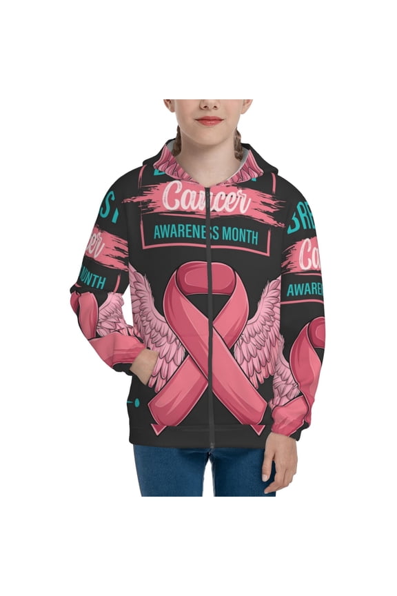 Ribbon With Angel Wings Teenage Zipper Hoodie, Long Sleeve Zip Up Hoodies Casual Jackets Tops for 7-12 Years-Medium