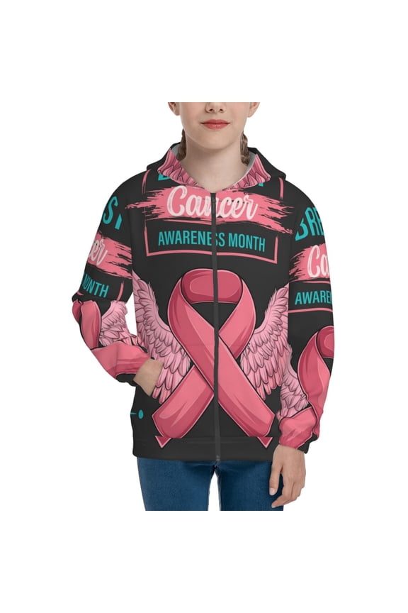 Ribbon With Angel Wings Teenage Zipper Hoodie, Long Sleeve Zip Up Hoodies Casual Jackets Tops for 7-12 Years-Small