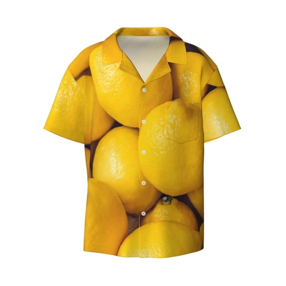 Naloa Ripe Yellow Lemon Men's Loose Fit Cuban Collar Short-Sleeve Shirt with Button-down and Chest Pocket for Everyday Wear Outings - Medium
