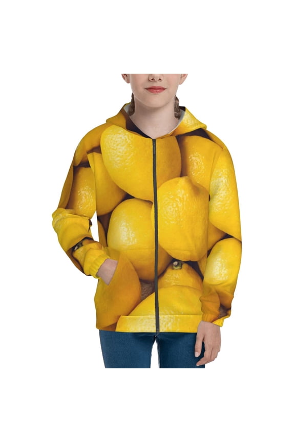 Ripe Yellow Lemon Teenage Zipper Hoodie, Long Sleeve Zip Up Hoodies Casual Jackets Tops for 7-12 Years-Small