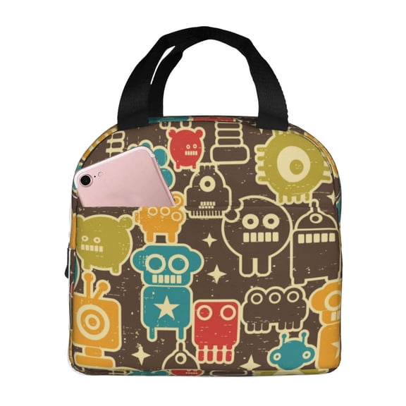 Naloa Robot and Monsters Print Lunch Box for Women Men,Insulated Lunch Bag,Lunchbox,Thermal Leakproof Cooler,Reusable Lunch Tote Bag for Work School Travel Picnic