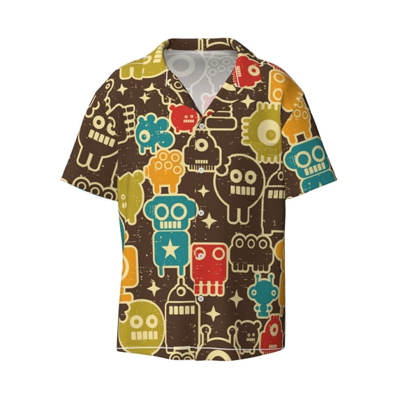 Naloa Robot and Monsters Men's Loose Fit Cuban Collar Short-Sleeve Shirt with Button-down and Chest Pocket for Everyday Wear Outings - 3X-Large